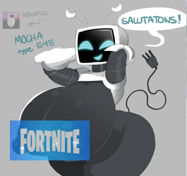 Mocha’s Halloween costume is a loose, exaggerated take on EVE from WALL-E. Her usual TV head is now a smooth white shell with a black screen showing glowing cyan facial features, and her antennas have little crescent moon tips. She wears a white upper-body shell that only covers her shoulders and upper arms, leaving the rest of her pretty much nude. Her hyper-thick body is now dark-gray and fully on display, including her massive soft breasts with silver spiked barbell nipple piercings and her wide, heavy hips. A power cord still hangs from her back, making the whole look clearly more “Mocha trying to be EVE” than an accurate cosplay