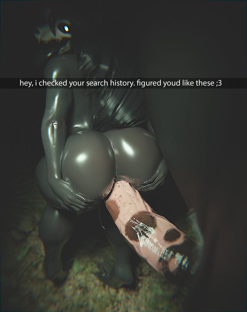 A captioned image of mal0 taking a fat, juicy horsecock right up her pussy, with the text 'hey, i checked your search history. figured youd like these ;3' She's clearly enjoying it. The image is fake, created in blender by mal0 herself.
