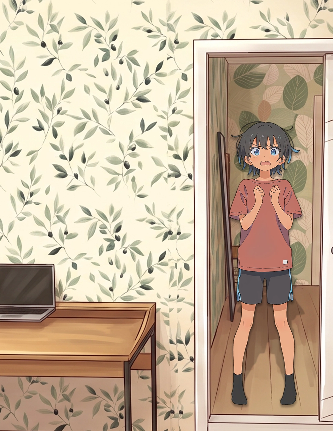 CONTEXT FOR THE IMAGE: Riley, wearing red tee, black shorts and black socks, stands in doorway, panicked. Then, she runs off in a flash, barely visible.
