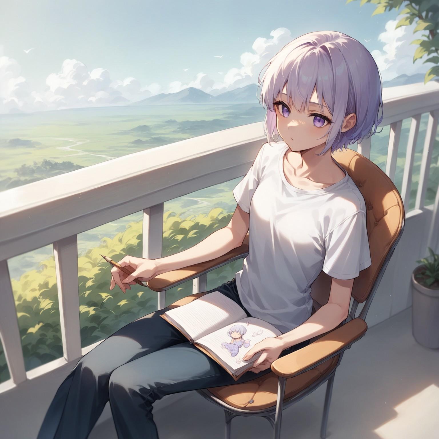 Rina's wearing a white t-shirt and loose fitting jeans