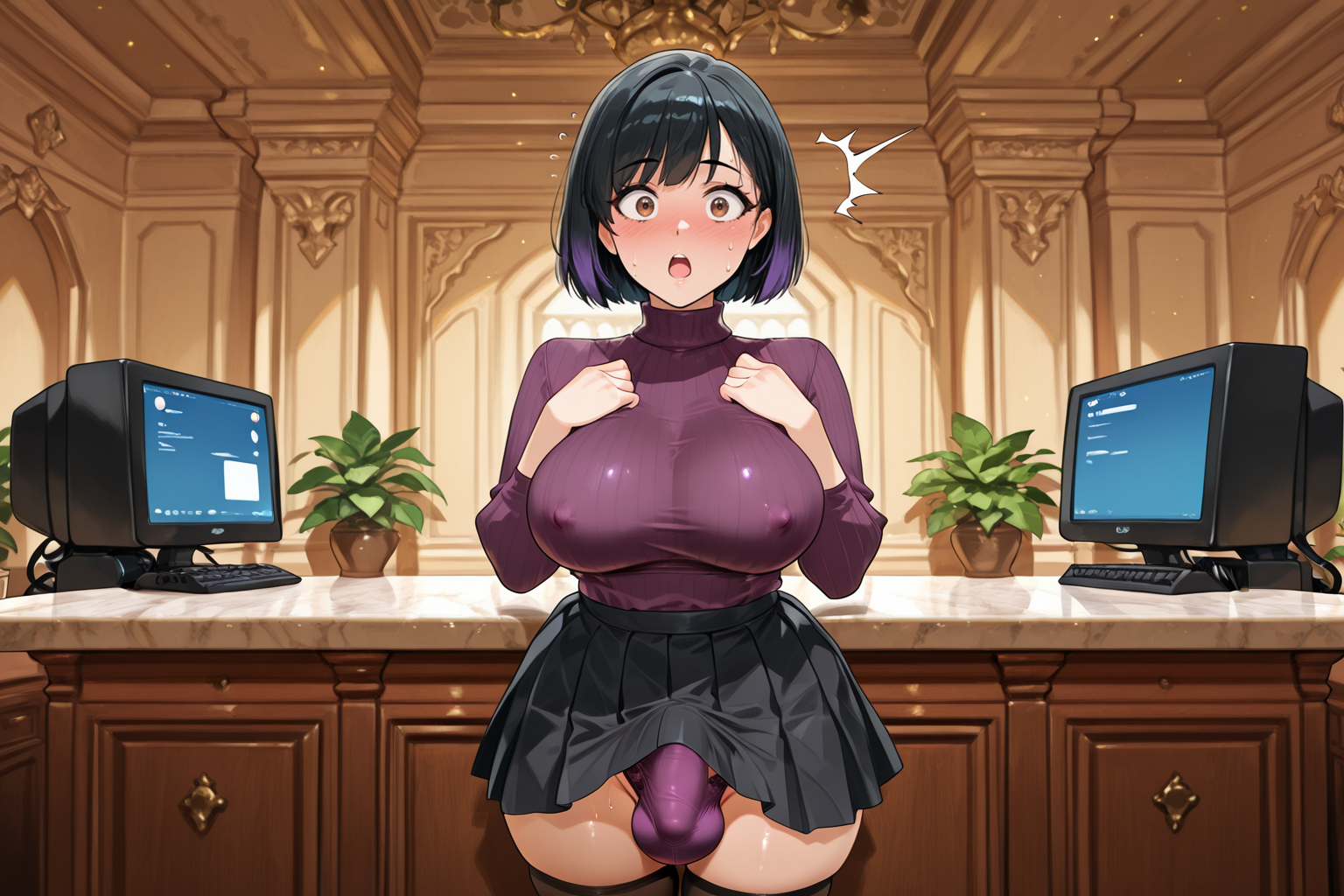 Sachiko is wearing a purple turtleneck sweater and black pleated skirt