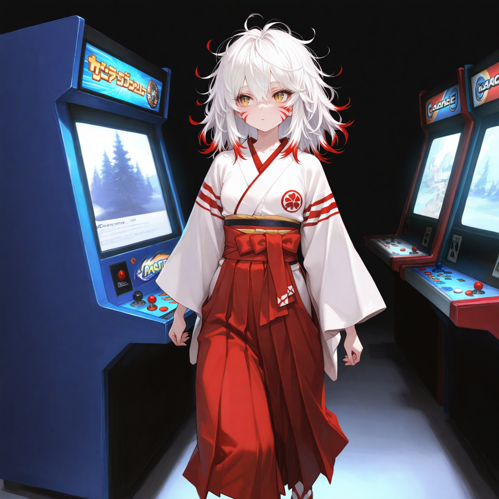 Kiyoko is wearing red Hakama over her white Kimono. The red fox markings, yellow eyes with vertical slit pupils are clearly visible and hinting at her unusual heritage.