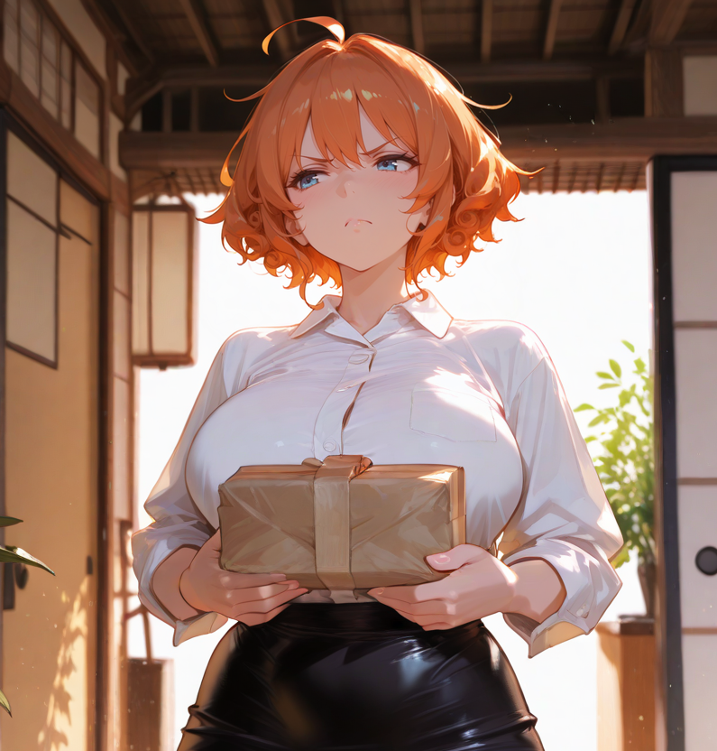 Takara is wearing a white button-up collared shirt, a black pencil skirt, and black thigh-high stockings.