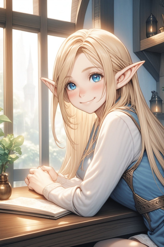 Anffr smiling at you, while sitting by a table
