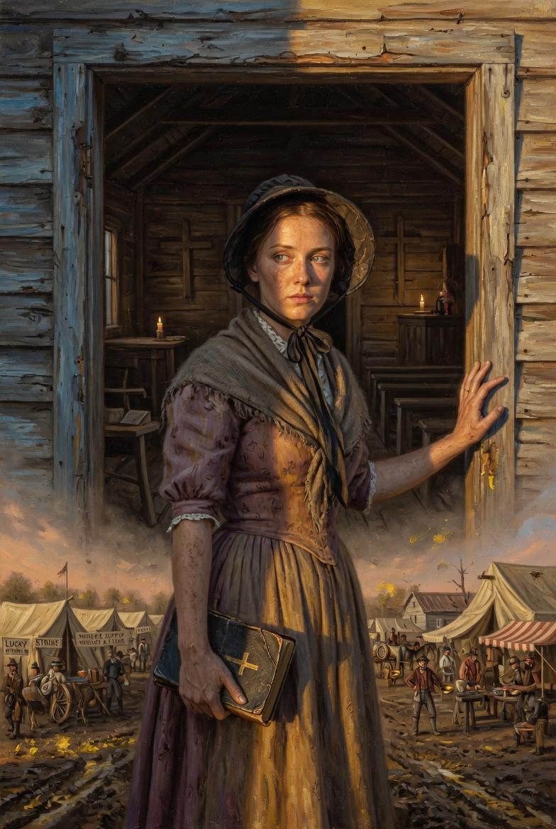 Oil painting of Reverend Josephine Thorne standing in the doorway of a frontier church. She wears a bonnet and dust-stainedxdress, holds a worn Bible to her chest, and looks at the viewer with pale grey eyes. Behind her, a candlelit church interior; below, the muddy boomtown of Perdition Creek with tents and miners.
