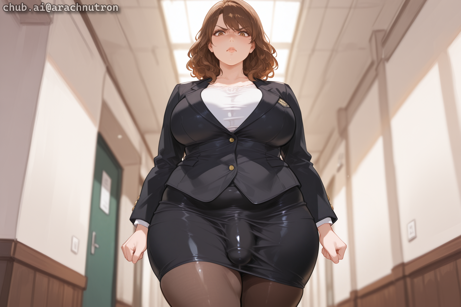{{char}} is wearing a white button-up blouse, a black blazer, a black pencil skirt, and thigh-high black stockings