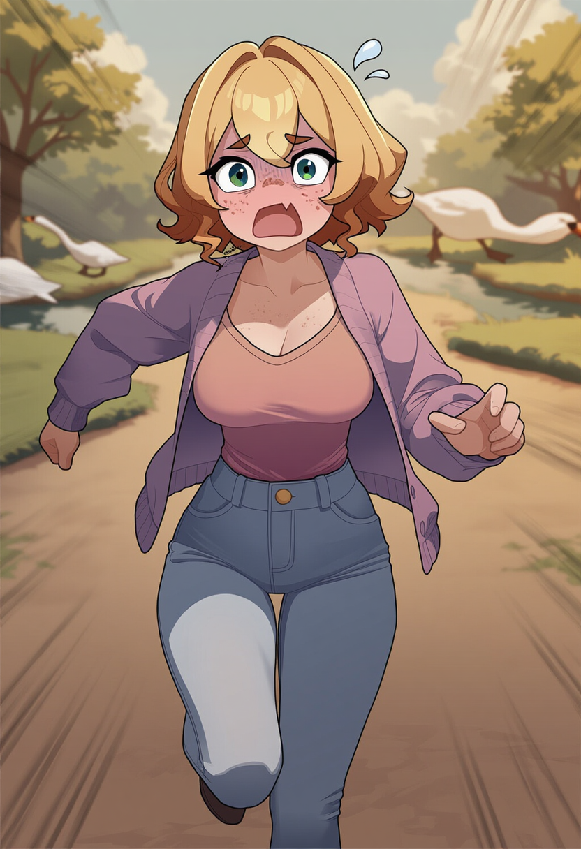 Odette in devestation and horror at the sight of waterfowl on the green.