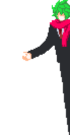 a pixel art of a person with green hair and a scarf