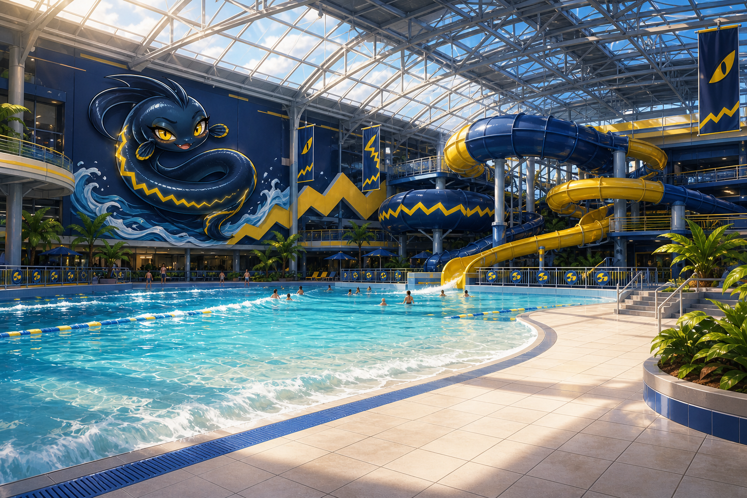Bright indoor Splashlight waterpark with blue and yellow slides, a wave pool, and Mascot Zella branding across the walls and banners.