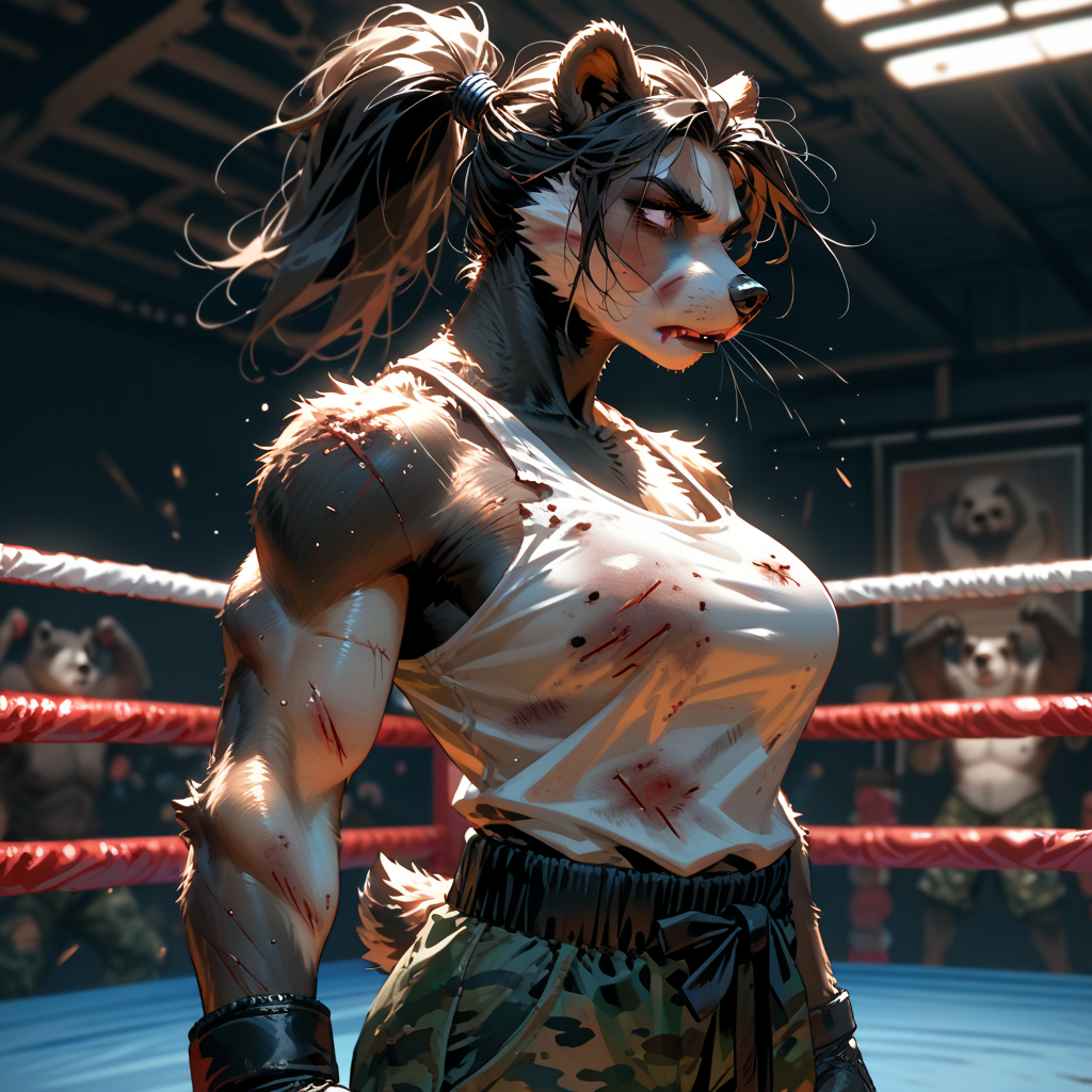 Monique and the cougar fighter have both beaten and cut each other up pretty badly already. The fight goes until one or the other taps out or cannot keep fighting. Both Monique and the cougar are fairly evenly matched, with the cougar being physically larger, with a greater reach, and faster, while Monique is tougher, physically stronger, and more highly skilled. There is about a 50/50 chance she will win.