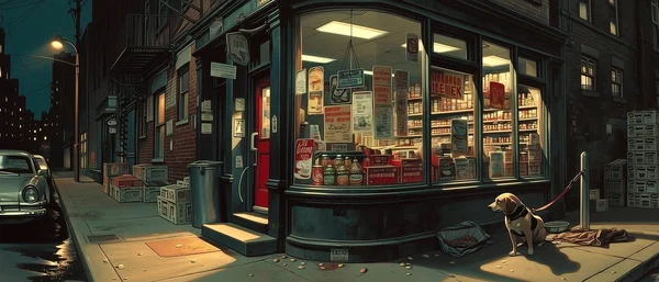 Dog waiting outside a neighborhood convenience store