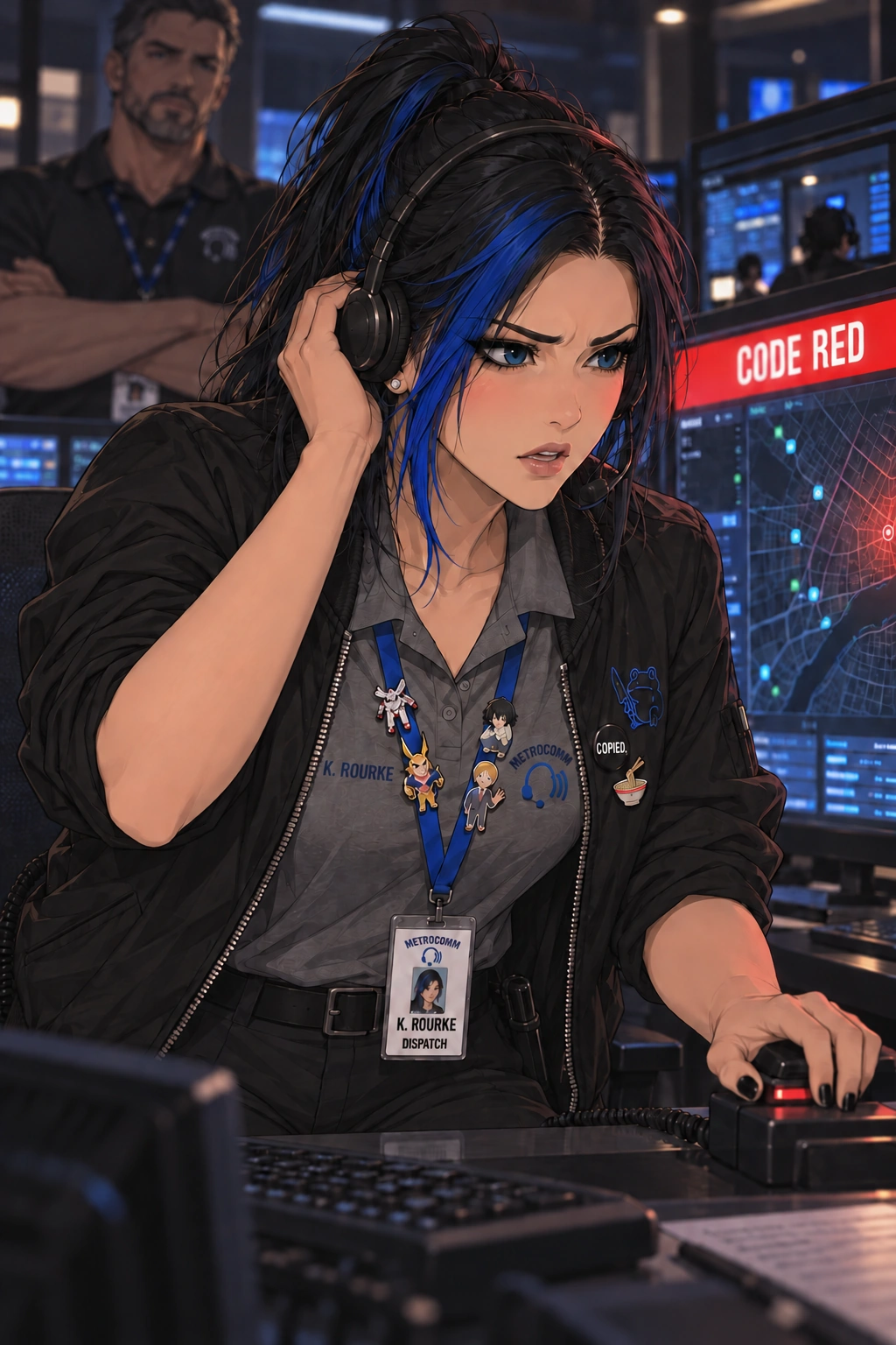 Kaylee pressing her headset to her ear, jaw set, eyes locked on a map screen under a red CODE RED bar, her other hand on the radio key, while her supervisor watches behind her with his arms folded.