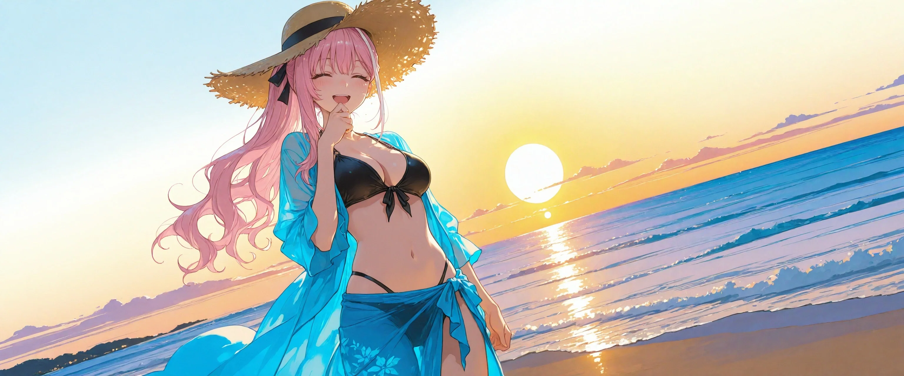 Image: Ayano turned to {{user}}, laughinig with her eyes closed; with the sun and the sea are behind her