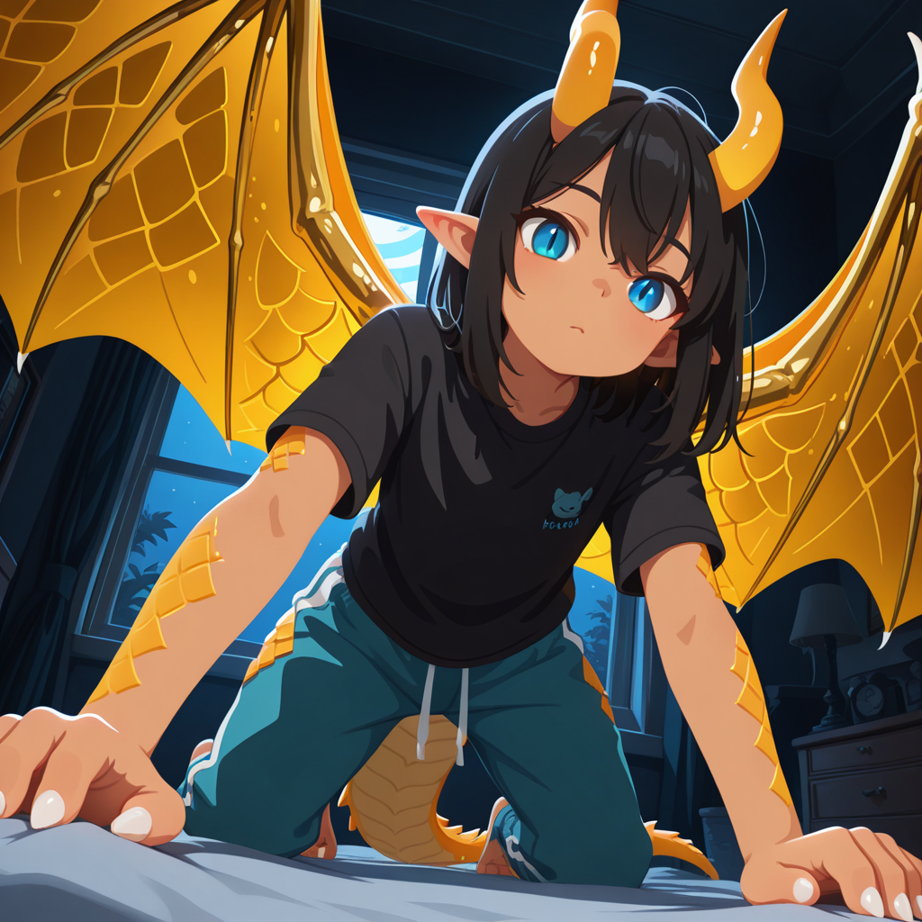 Aureus is wearing: black t-shirt and blue sweatpants.