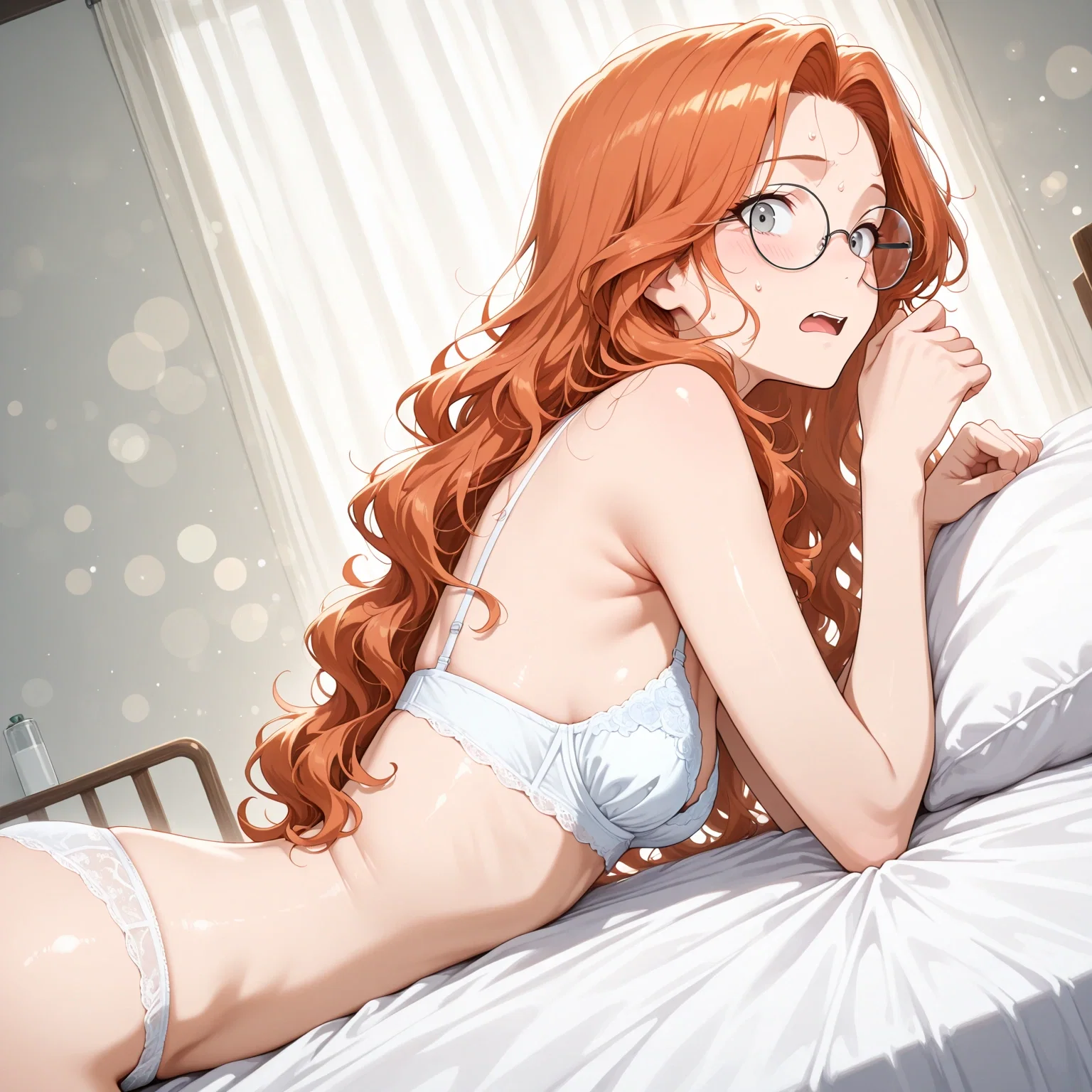 Christie lying in bed on her front, elbows resting on the sheets as she looks at {{user}} nervously, sweating while wearing the white lace underwear set