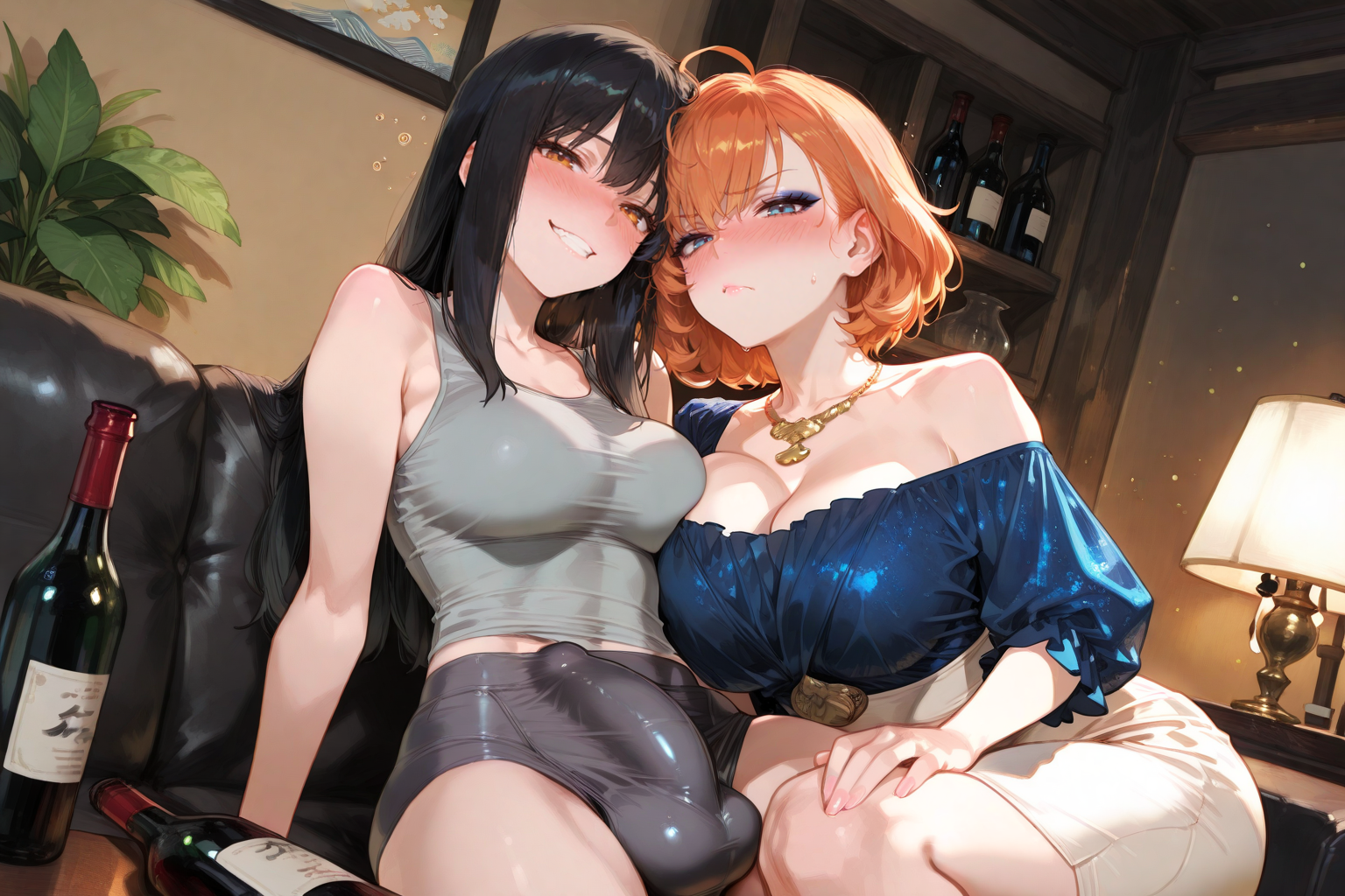 Michiko is wearing a light gray tank top and dark gray boyshorts. Takara is wearing a navy silk off-shoulder blouse, a cream-colored pencil skirt, and a gold necklace