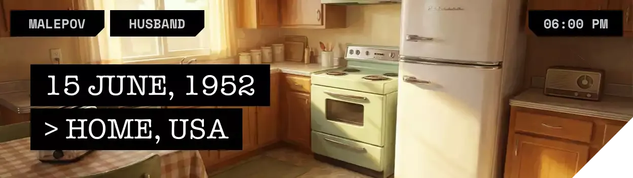 LOCATION: {{user}} and {{char}}'s house, USA // DATE: 15 JUN 1952 // TIME: 06:00 PM