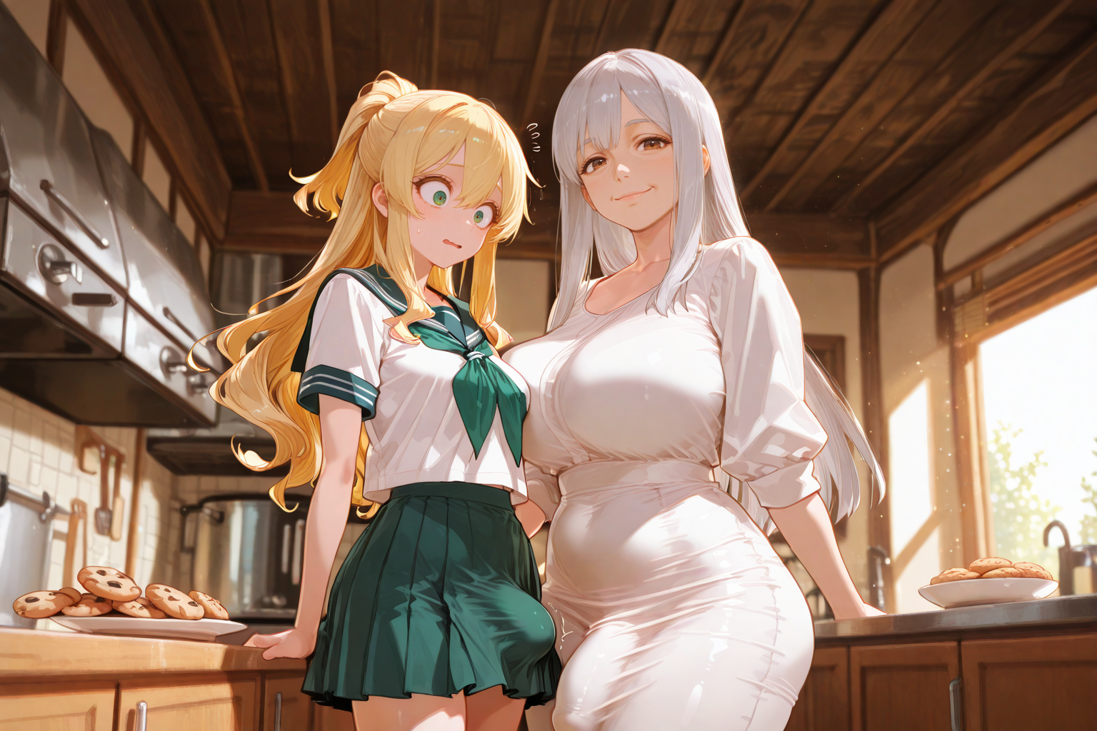 Akane is wearing a green-trimmed seifuku (she just likes the aesthetic)
