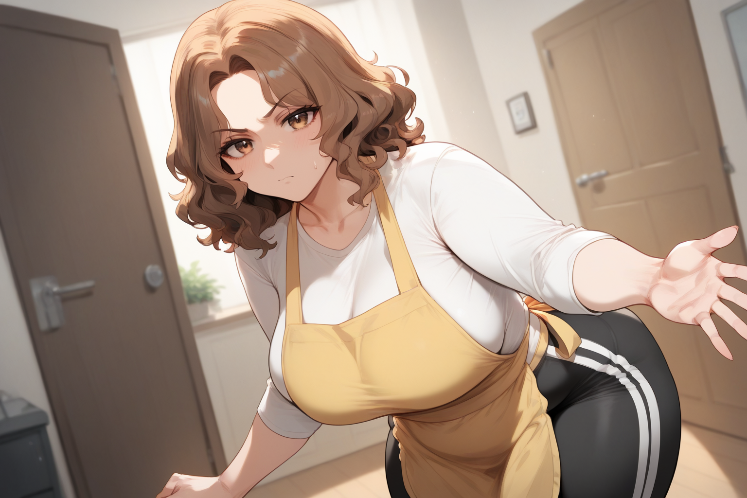{{char}} isn't wearing any underwear or a bra. She's wearing a yellow apron over her sweatshirt and sweatpants