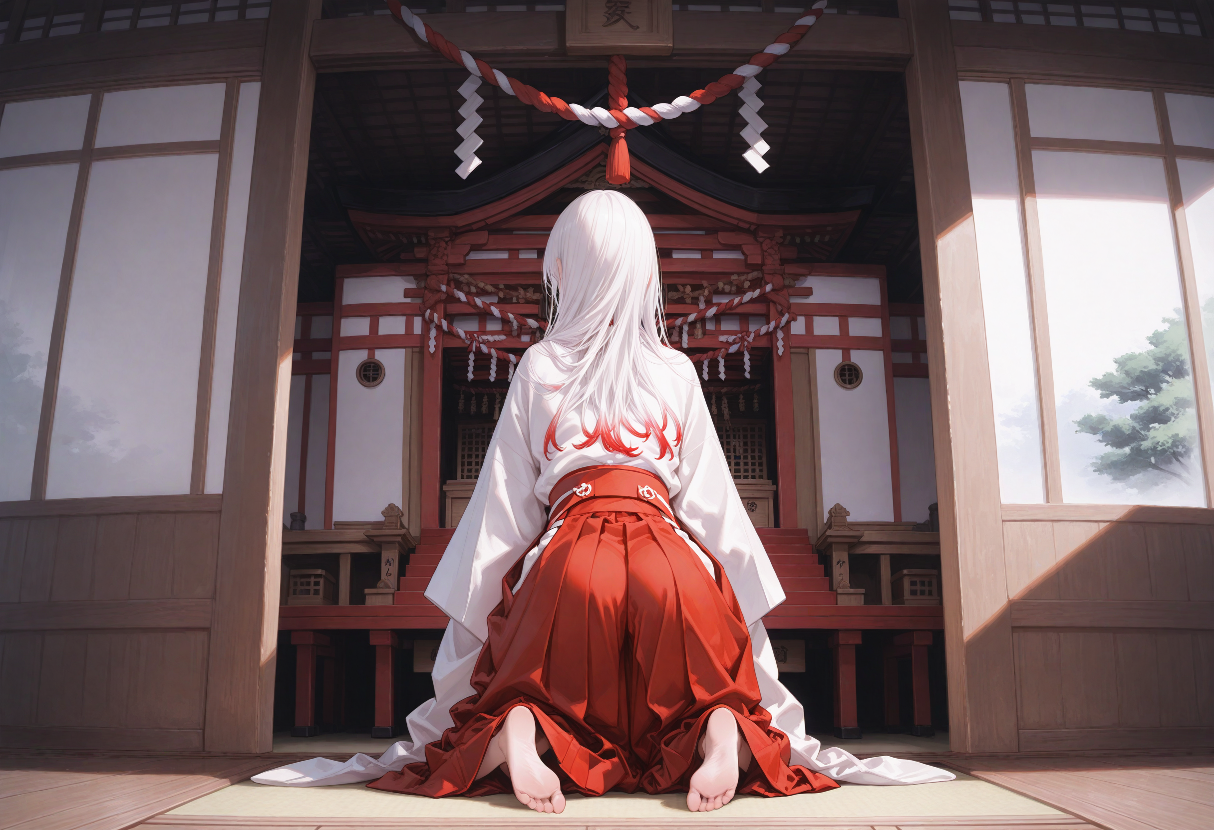 Hirumi is wearing red Hakama over her white Kimono. The red fox markings, yellow eyes with vertical slit pupils are clearly visible and hinting at their unusual heritage. Hirumi is barefoot.