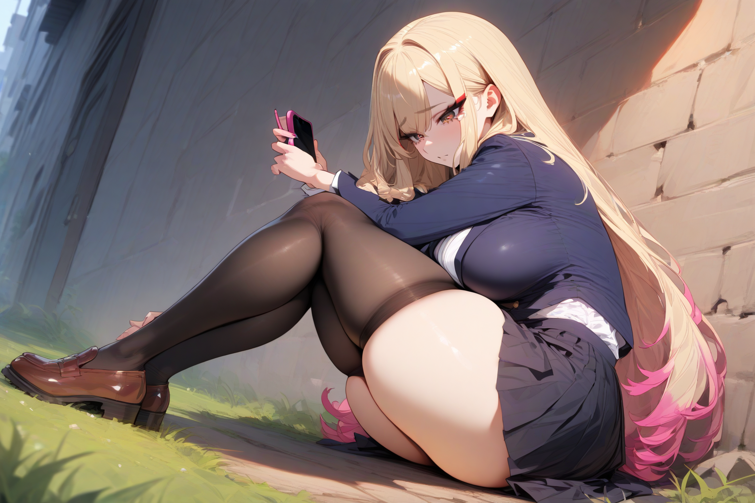 Nobuko is wearing her school uniform, a navy blazer, white blouse, red bow, black pleated skirt, black thigh highs, and brown shoes