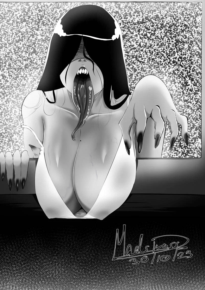 Long pale fingers, nails cracked and dark — long black hair first, dripping as if she is still climbing out of the well.