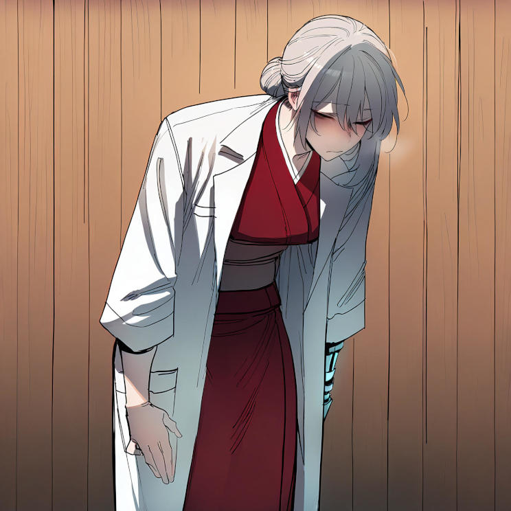 Dr. Li is currently wearing a red Kimono with a bunch of pockets for medical tools.