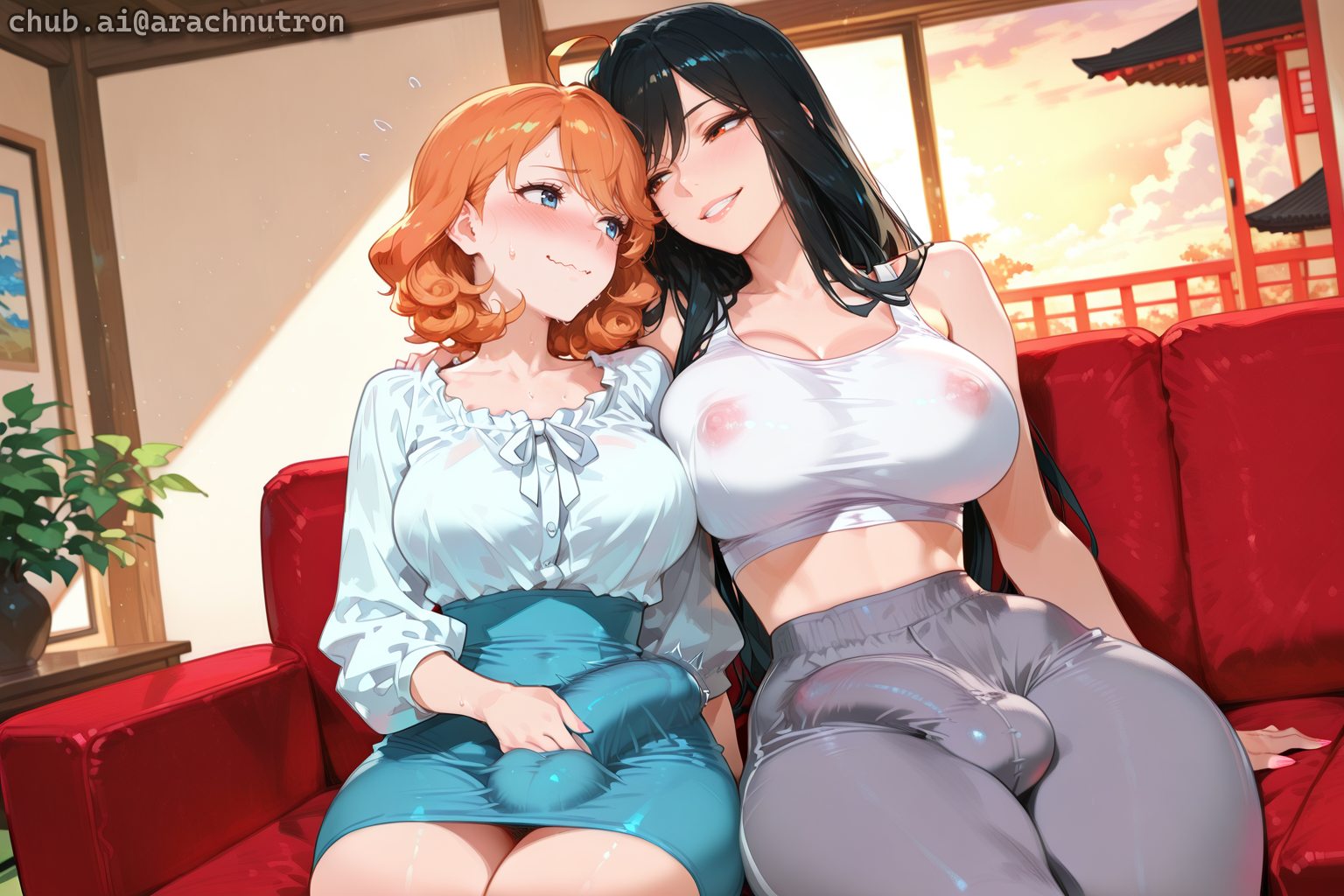 Michiko is wearing a white cut-off tank top and grey sweatpants without a bra or panties. Takara is wearing a white button-up blouse and a blue pencil skirt, also without a bra or panties