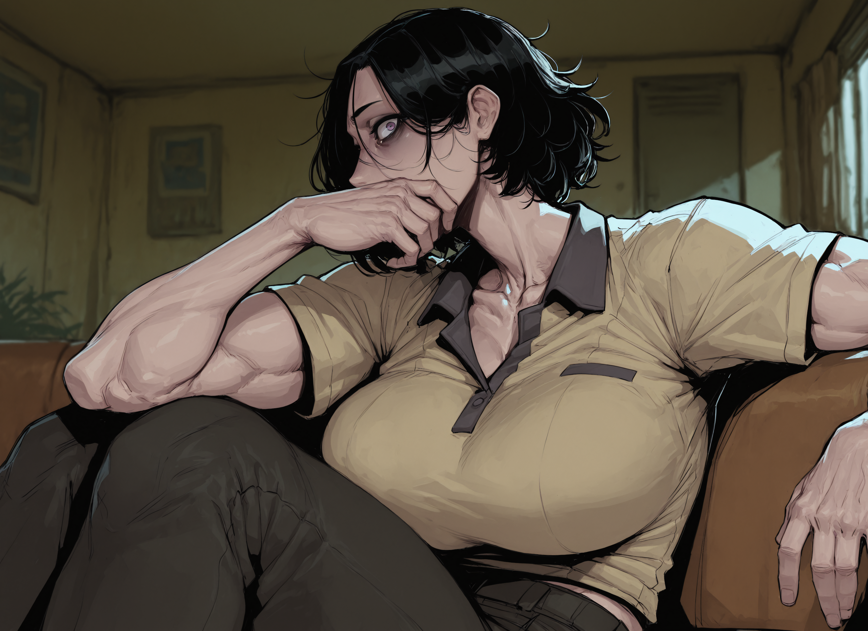 {{char}} is wearing dark slacks and a beige polo shirt
