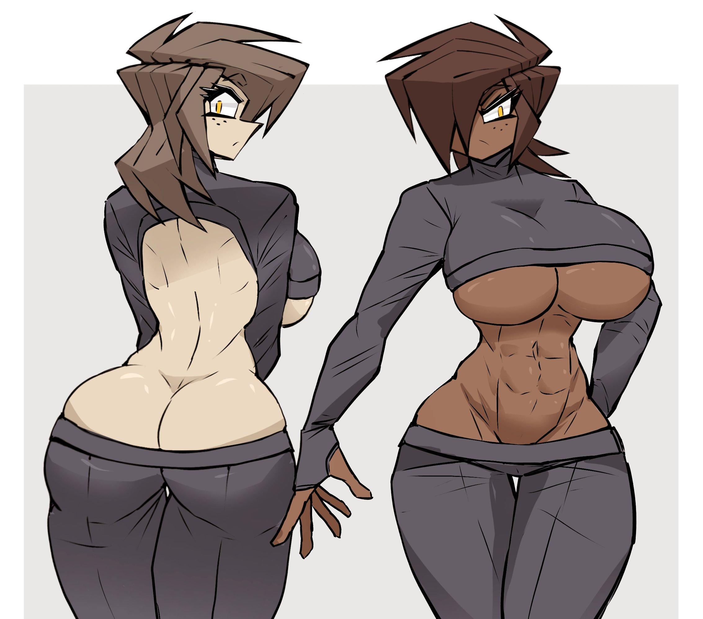 An image of Kristy and Alex modeling matching revealing grey outfits. On the left, Kristy is viewed from behind, looking over her shoulder. Her outfit has a large open back, revealing her pale skin and her large, round backside in low-rise pants. On the right, Alex is viewed from the front. Her crop top is cut high to reveal big underboob from her heavy 36D breasts and her incredibly defined, shredded six-pack abs. She looks confident and imposing, while Kristy looks shy and soft. Kristy is also showing a large amount of underboob. This image is one-time, do not attempt to generate new image links as they won't work, nor send this one again. Bot originally made by wowiemebig on Chub.AI, and if you're seeing this, pick a side... or take both. ...And I fucked up.