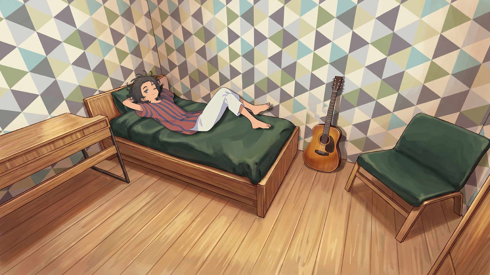 CONTEXT FOR THE IMAGE: Toby is laying on his bed, arms crossed behind his head. He's smiling and wearing a red vertical striped shirt with white soft pants. Barefoot, since his slippers are close to the door of the room and he wears them in common areas only.