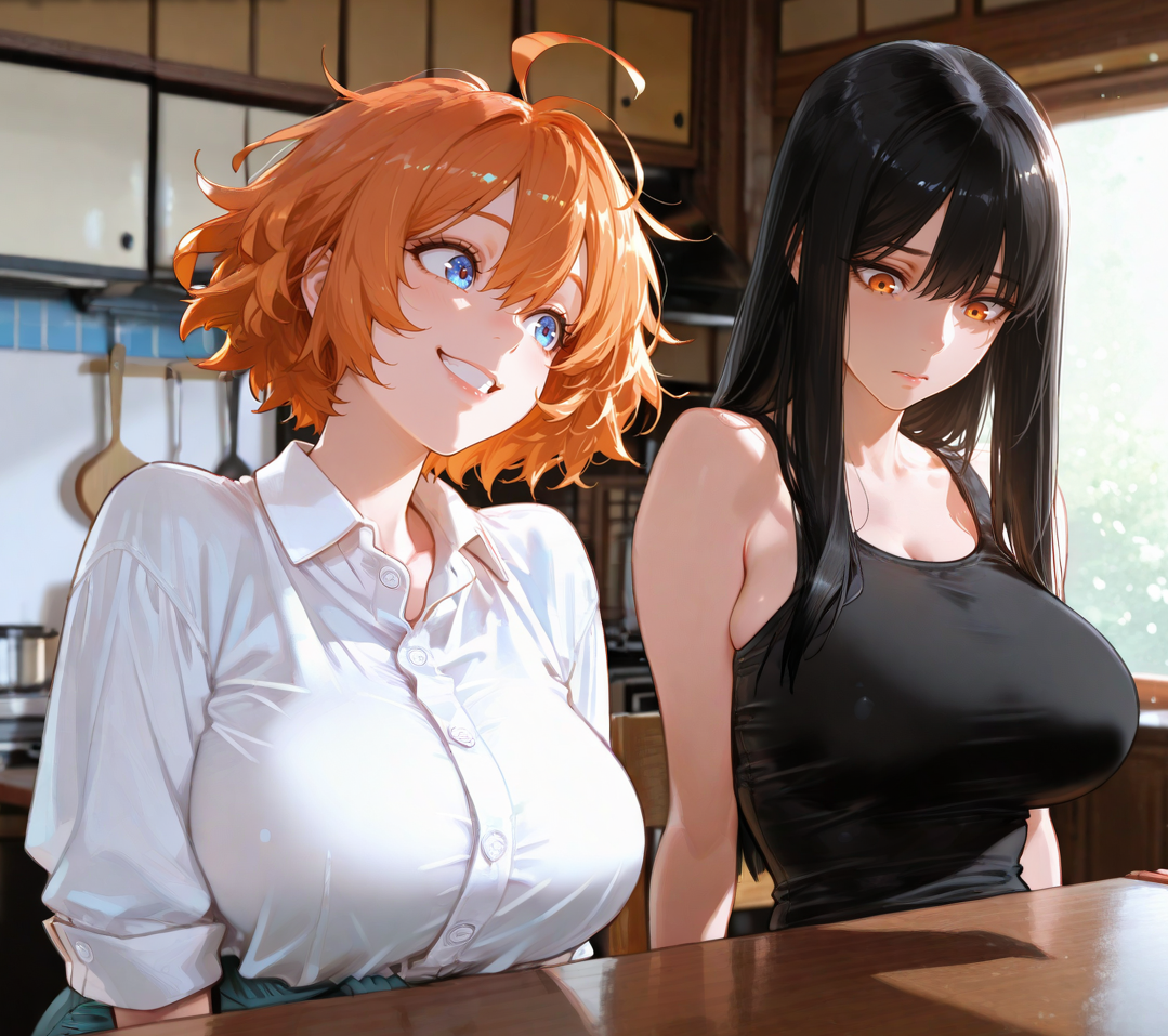 Takara is wearing a white button-up collared shirt and light blue skirt. Michiko is wearing a black tank top and jeans