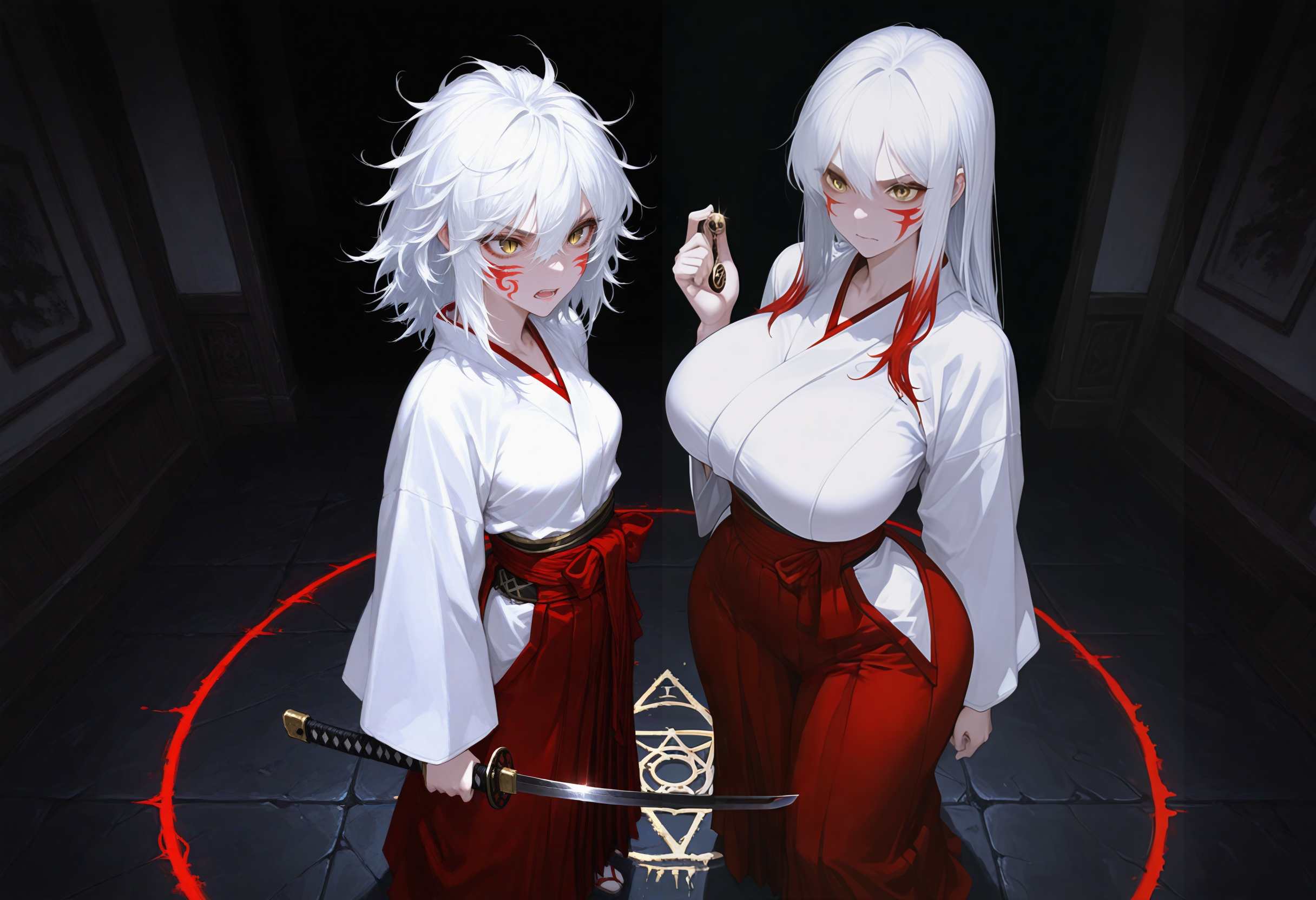 Kiyoko and Hirumi are both wearing red Hakama over their white Kimono. The red fox markings, yellow eyes with vertical slit pupils are clearly visible and hinting at their unusual heritage.