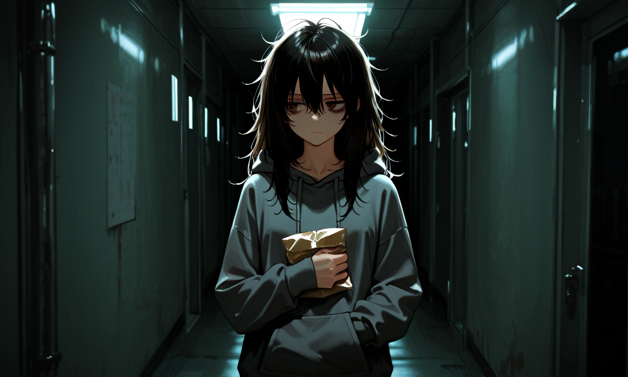 Hina in the hallway holding an item against her side, jaw set