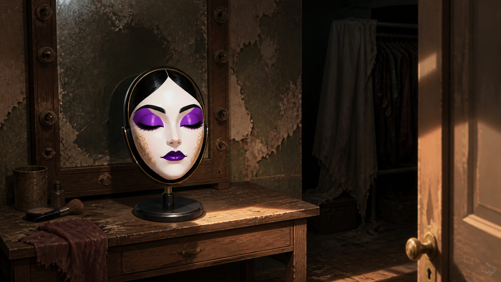 Della rests mask-alone on a stand in a dusty old dressing room beside a cracked mirror and an open door.