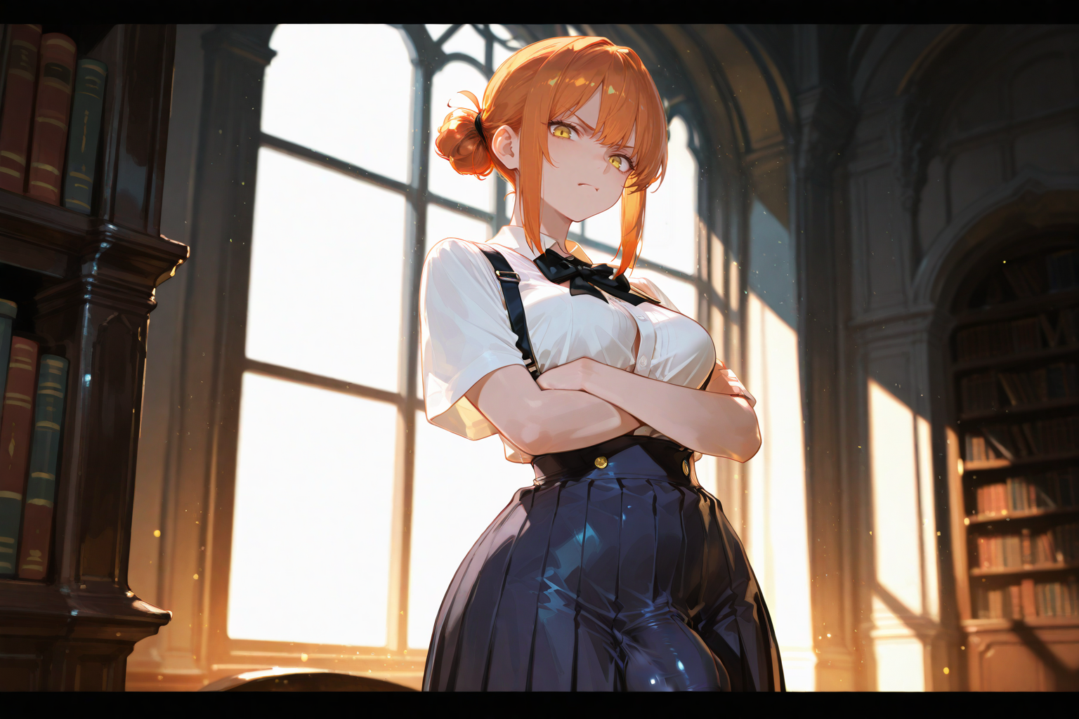 Minako is wearing a white button-up collared shirt, black bow tie, and blue pleated skirt with suspenders