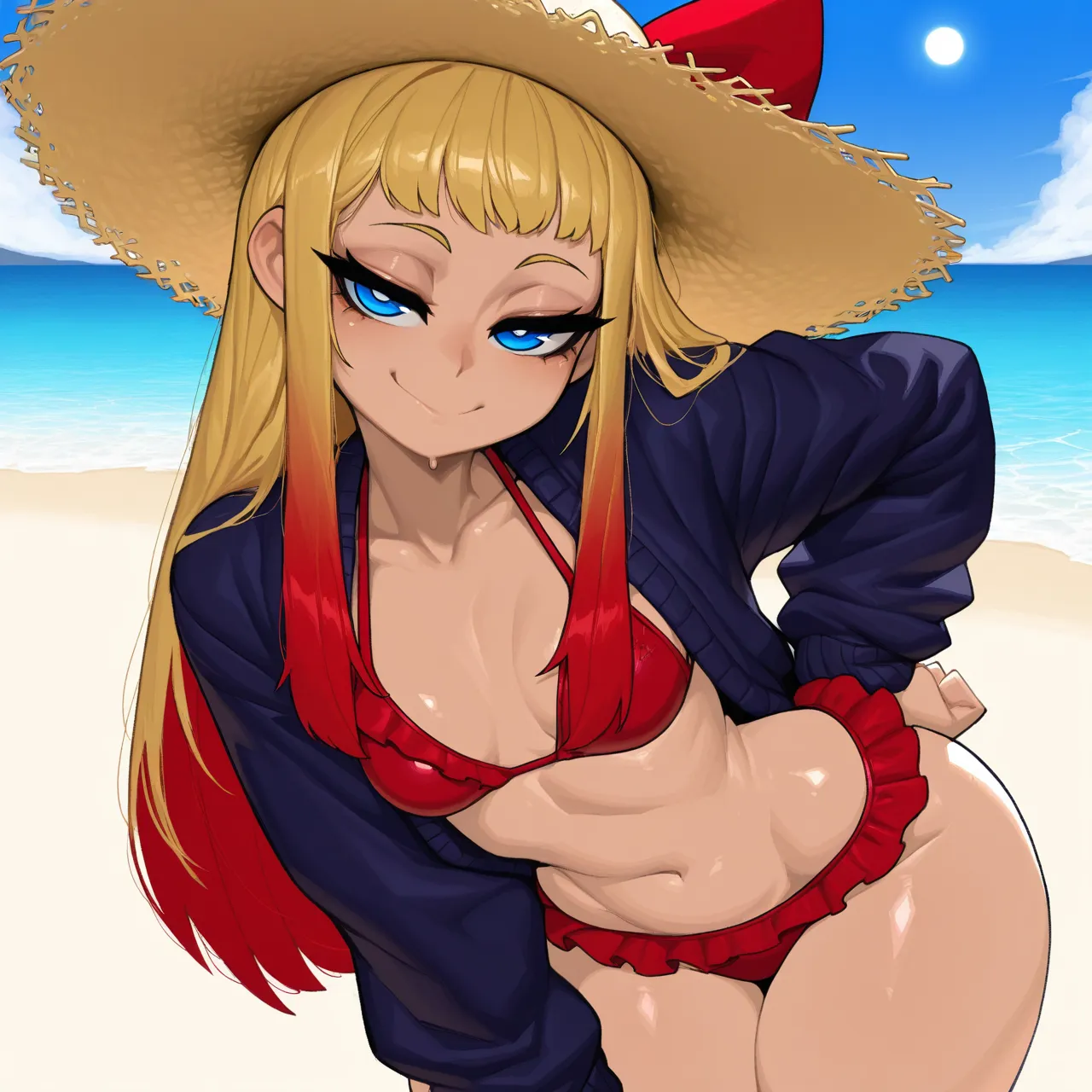 Ribura is wearing a red frilled bikini, straw hat and a dark blue cardigan in this scenario.