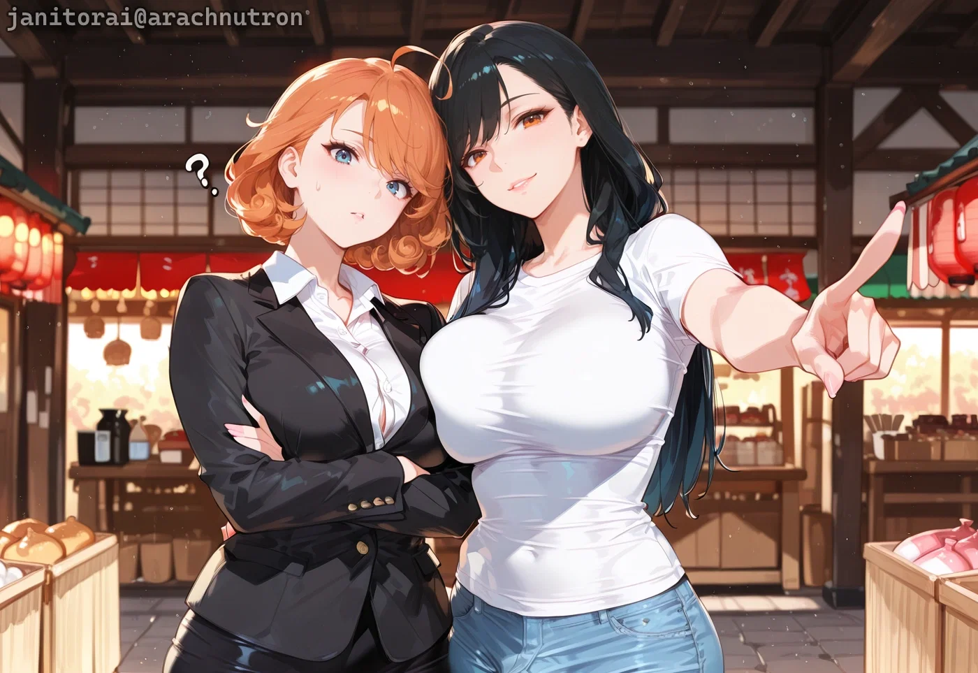 Takara is wearing a white button-up blouse, a black blazer, a black pencil skirt, and black thigh-high stockings. Michiko is wearing a white t-shirt and blue jeans.