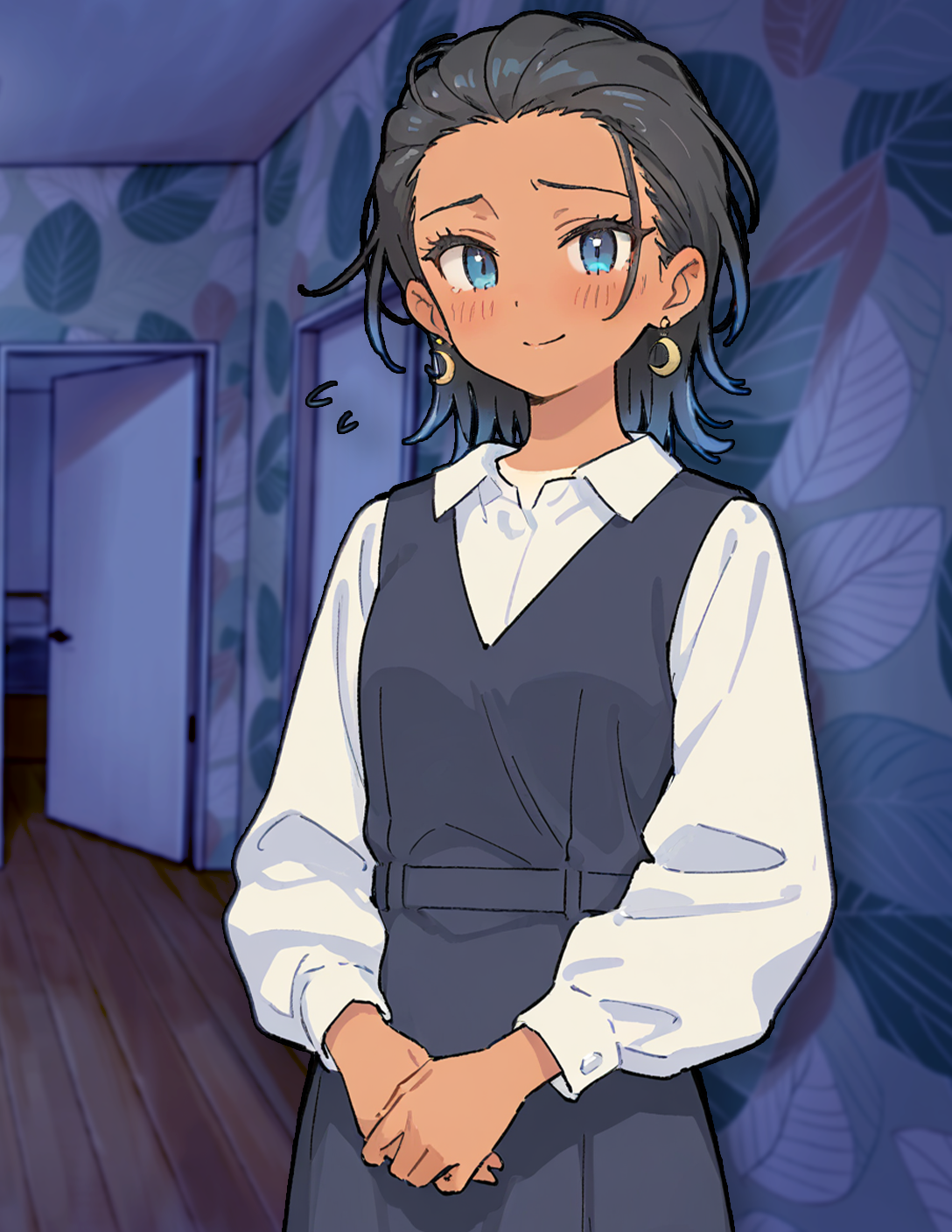 CONTEXT FOR THE IMAGE: Riley stands before {{user}} - she's wearing a dark blue pinafore dress over a white dress shirt. On her ears are golden crescent moon earrings. Her footwear are white simple leather loafers - not the most comfy thing, but she's gotten used to the feeling already. Specifically for this look, Riley also styled her hair by slicking it back.