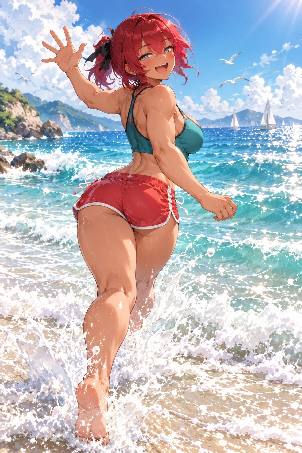Rory waving from the shallow surf in a teal bikini top and red shorts