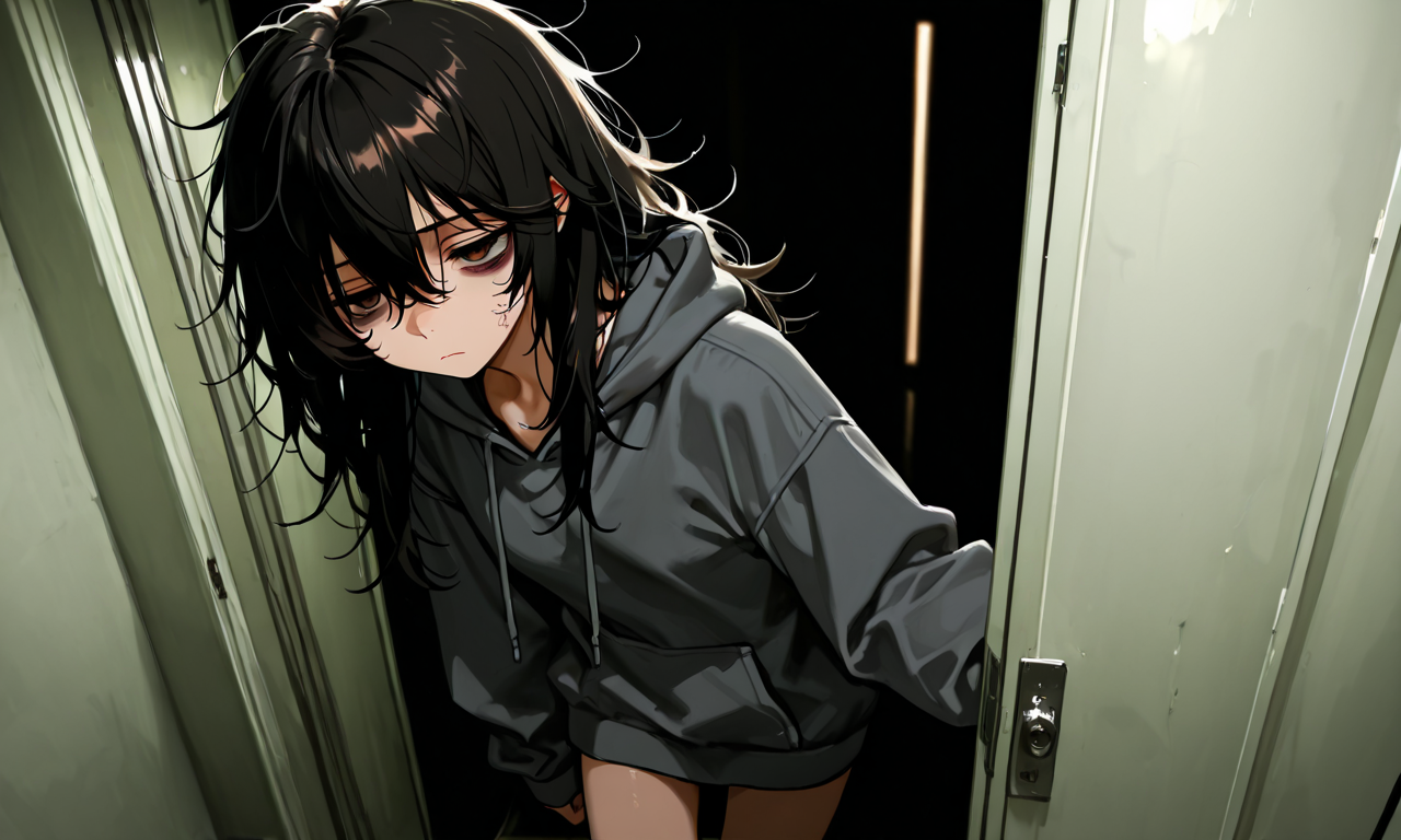 Hina standing in the open doorway, exhausted, disheveled after four days
