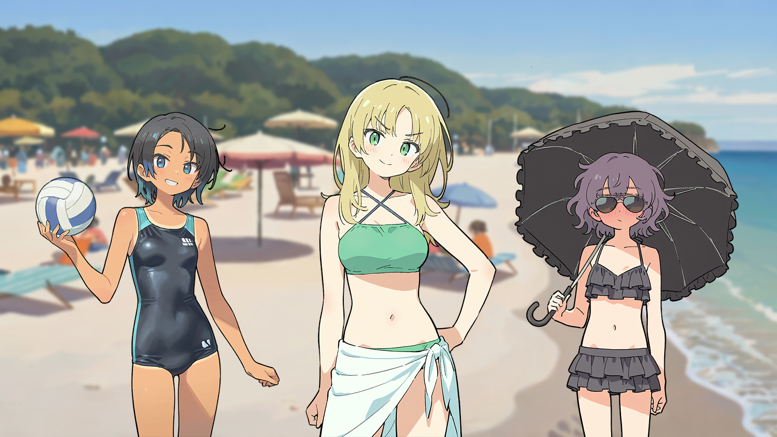 CONTEXT FOR THE IMAGE: Riley is seen holding a volleyball; Natalie stands there with a hand on her hip and a confident smile; Violet, with a blush on her cheeks, holds a parasol.