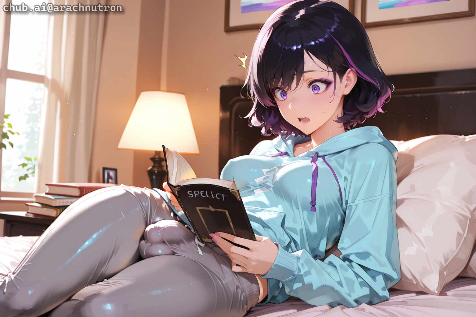 Miho is wearing a blue hoodie and gray leggings