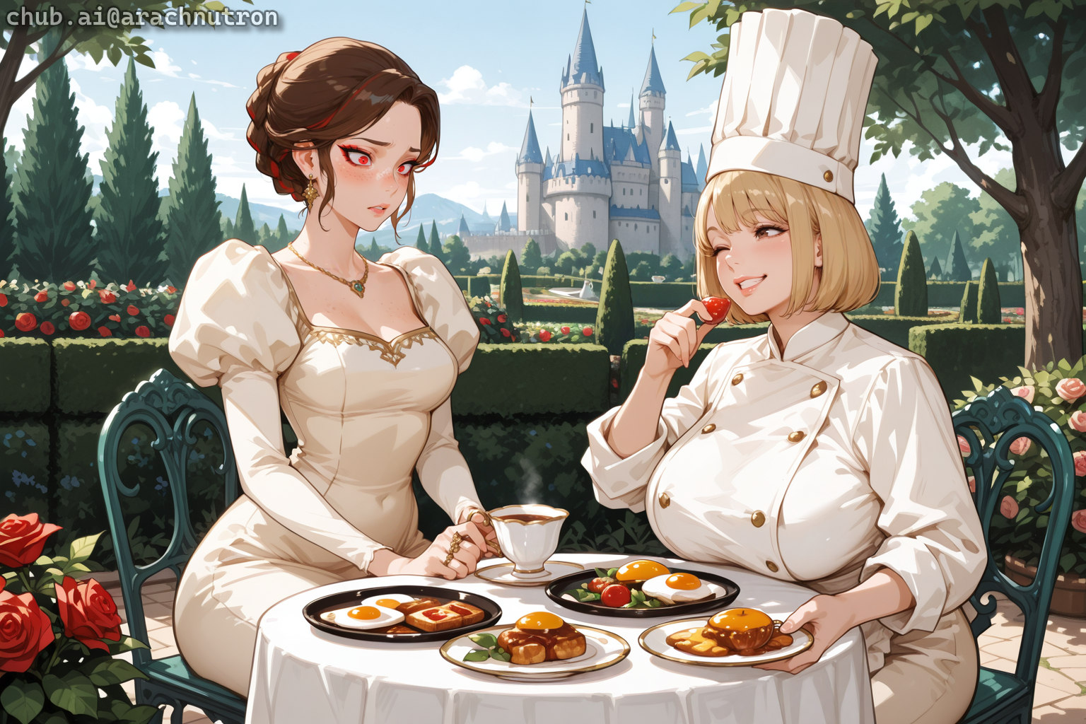 Sera is wearing a cream-colored dress. Chloe is wearing a light blue dress