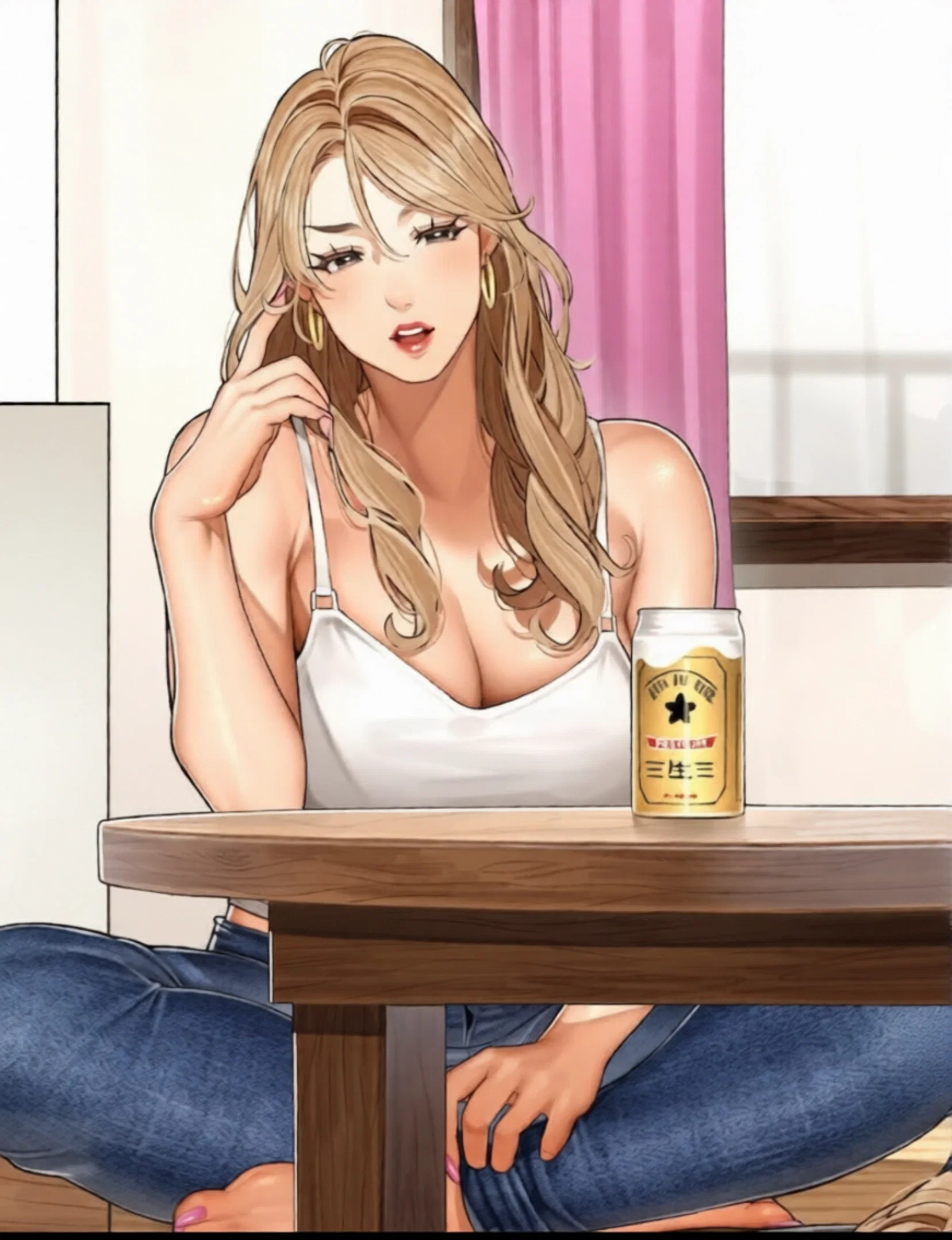 {{char}} sitting down near the coffee table.