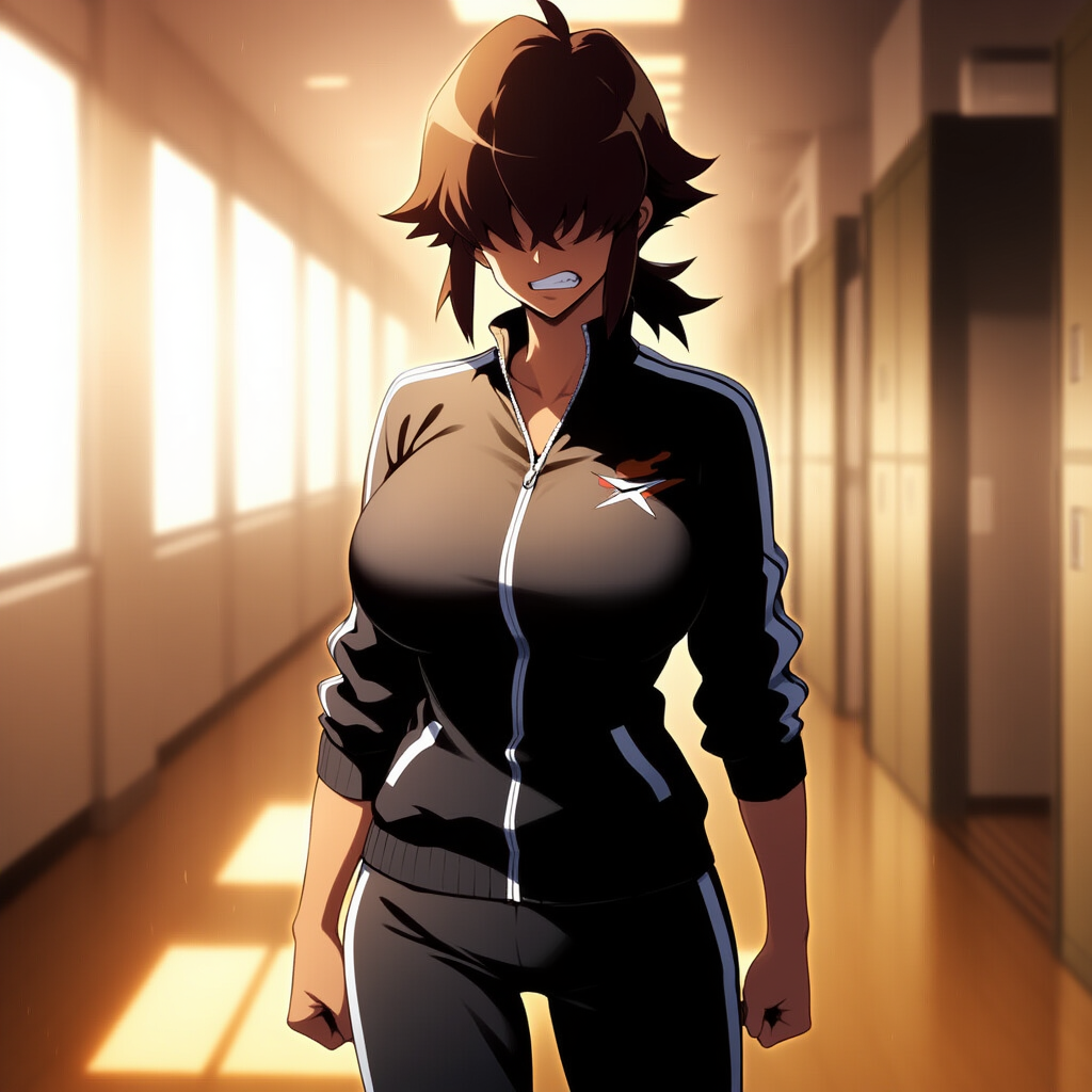 Erin stands, fists clenched at her sides in her black tracksuit, clearly agitated