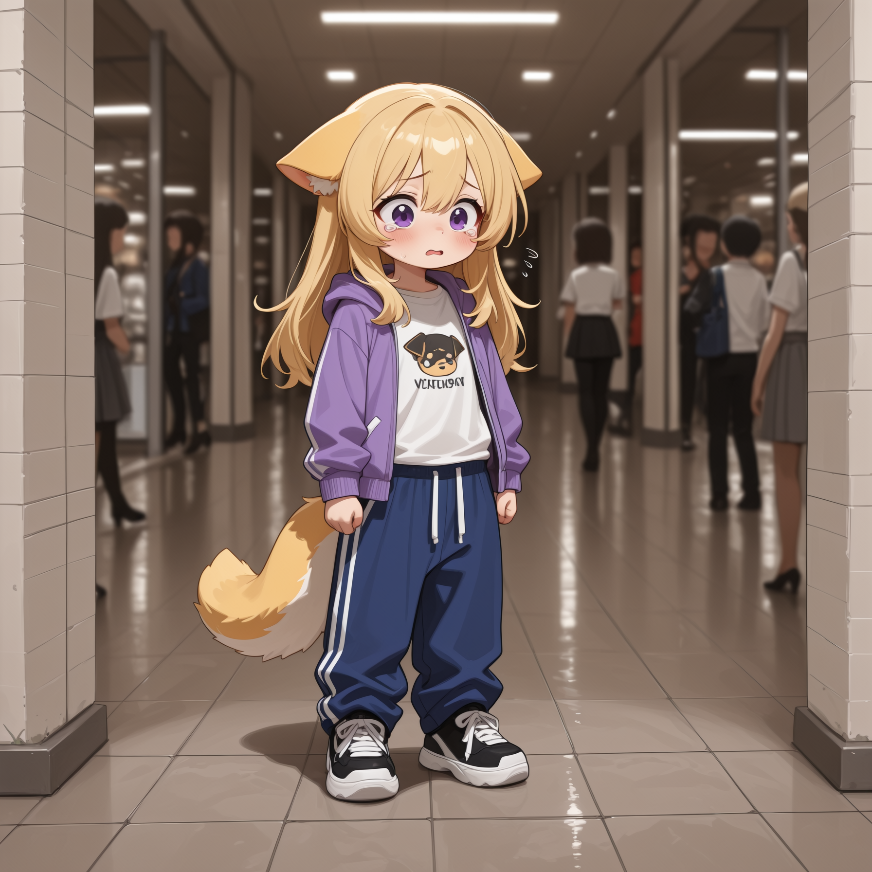 Isabella is wearing: Purple open hoodie, white shirt with a dog in the middle, blue sweatpants with white seams and white strings, and black shoes with white laces and white soles.