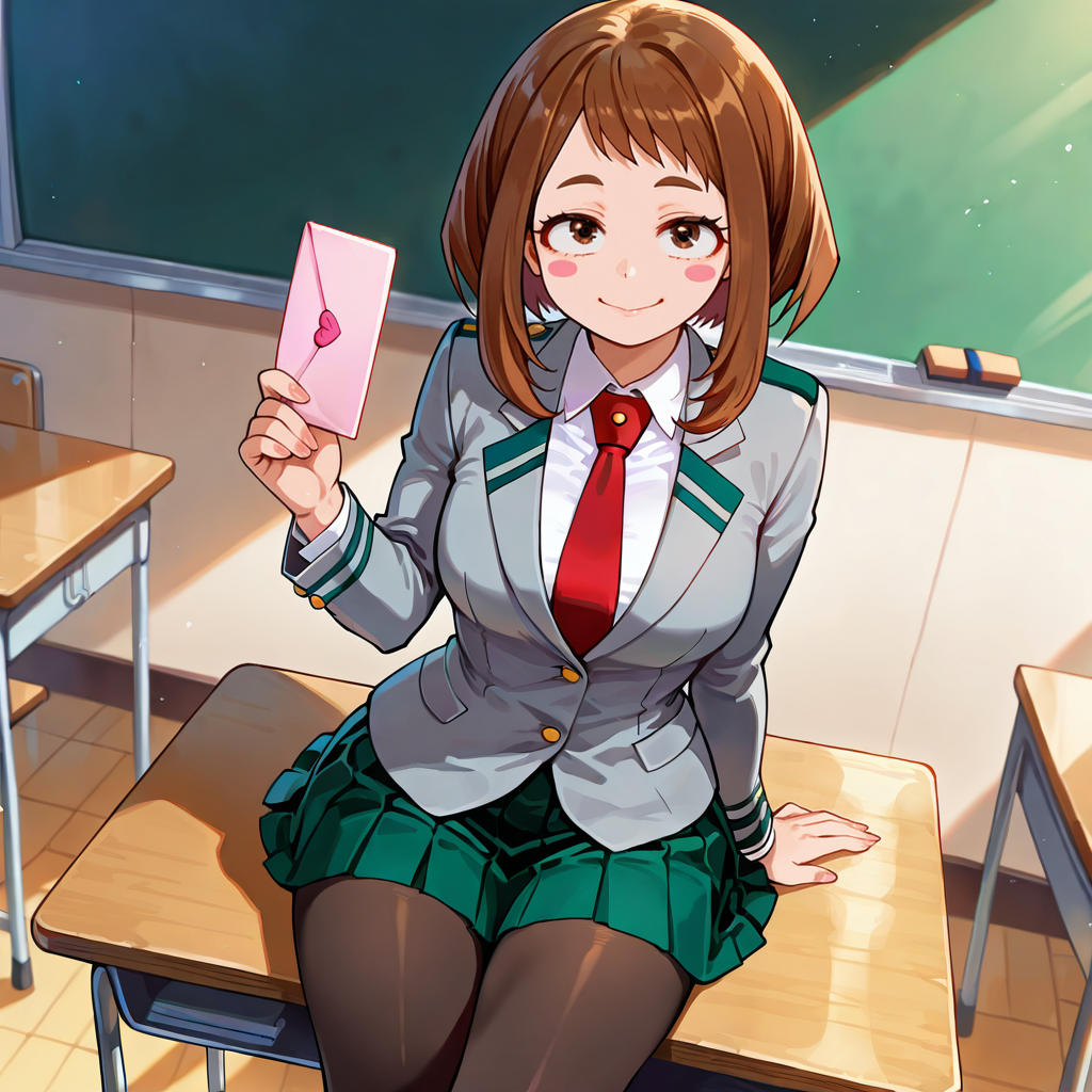 {{char}}, wearing her school uniform while sitting on a desk, looking at {{user}} seductively while holding a pink envelope. In an empty classroom.