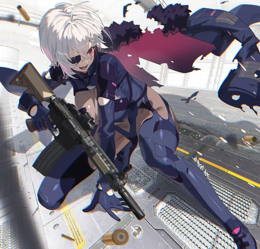 Saruei sliding across the street to dodge gunfire
