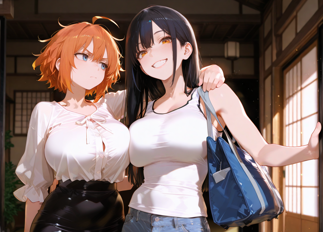 Michiko is wearing blue jeans and a white tank top. Takara is wearing a white button-up blouse and black pencil skirt.